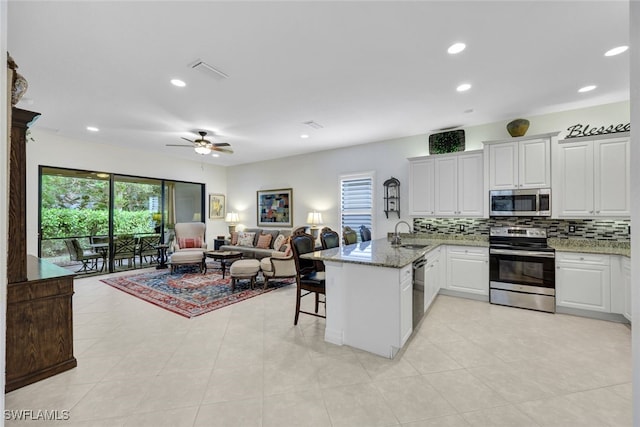 kitchen featuring kitchen peninsula, stainless steel appliances, white cabinets, and light stone countertops