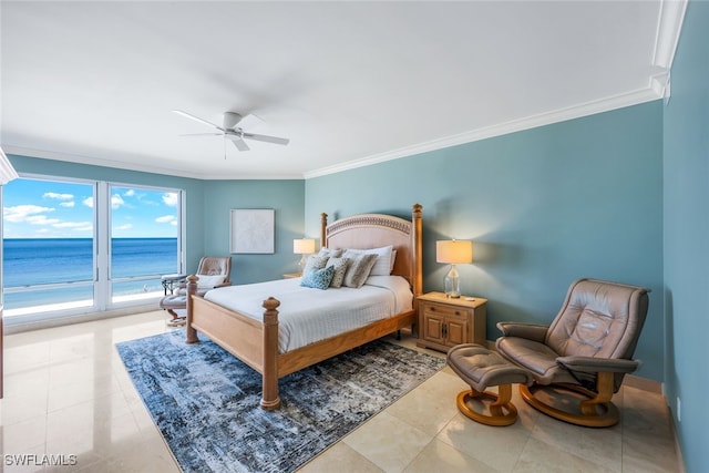 bedroom featuring access to outside, ceiling fan, crown molding, and a water view