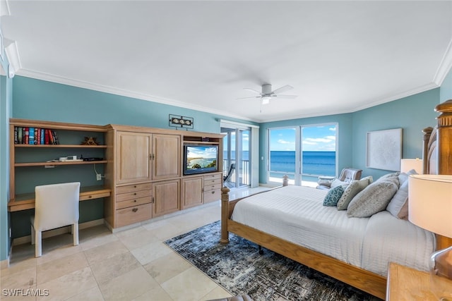 bedroom with built in desk, ceiling fan, and crown molding