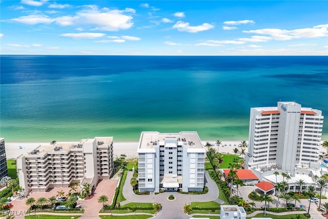 drone / aerial view featuring a water view and a view of the beach