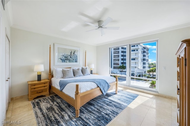 bedroom with access to outside, ceiling fan, crown molding, and light tile patterned floors