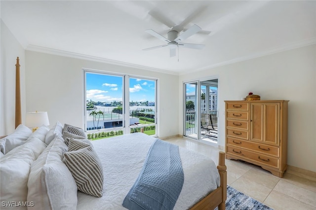 bedroom with access to exterior, ceiling fan, crown molding, and light tile patterned flooring