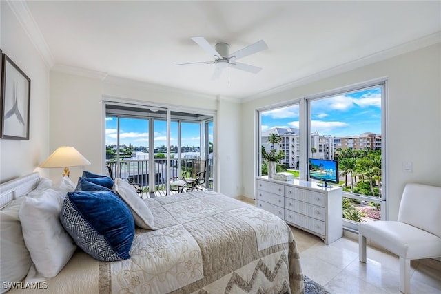 bedroom with ceiling fan, crown molding, and access to outside