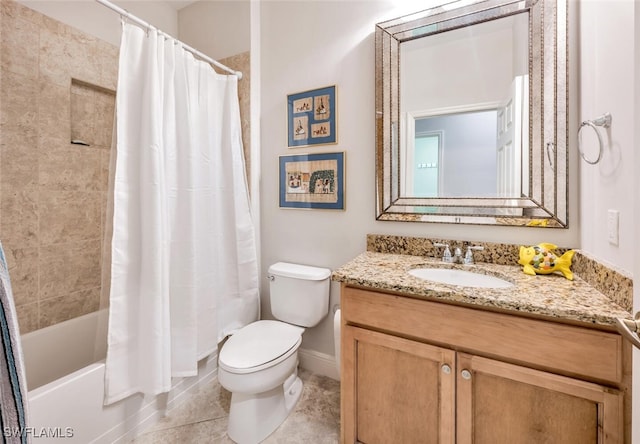 full bathroom featuring tile patterned flooring, vanity, toilet, and shower / tub combo with curtain