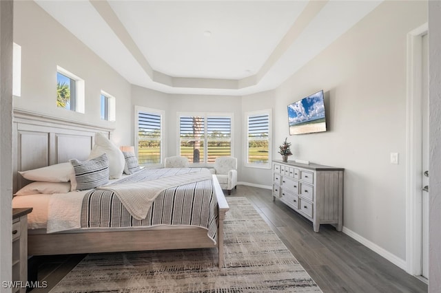 bedroom with a tray ceiling, multiple windows, and dark hardwood / wood-style flooring