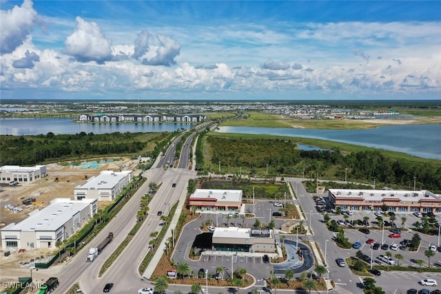 bird's eye view with a water view