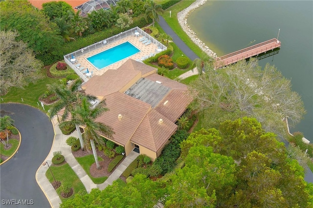 birds eye view of property featuring a water view