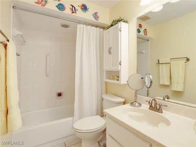 full bathroom featuring tile patterned floors, vanity, shower / tub combo, and toilet