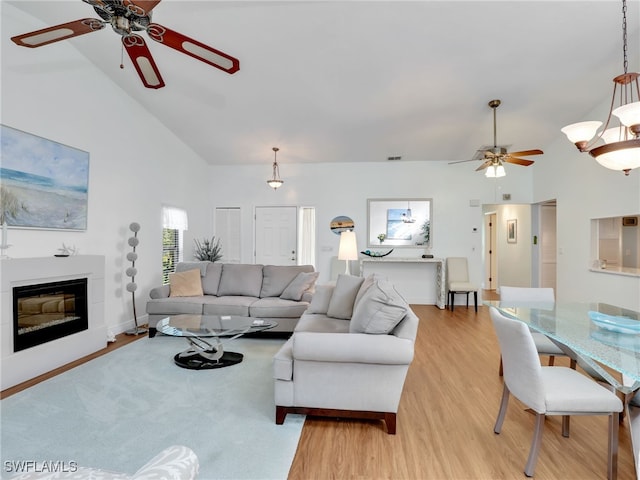 living room with light hardwood / wood-style floors and high vaulted ceiling