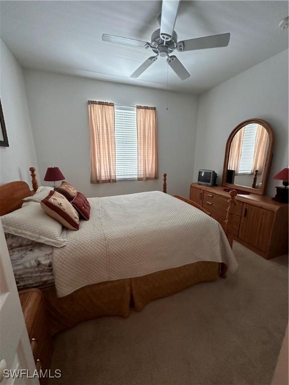 carpeted bedroom with multiple windows and ceiling fan