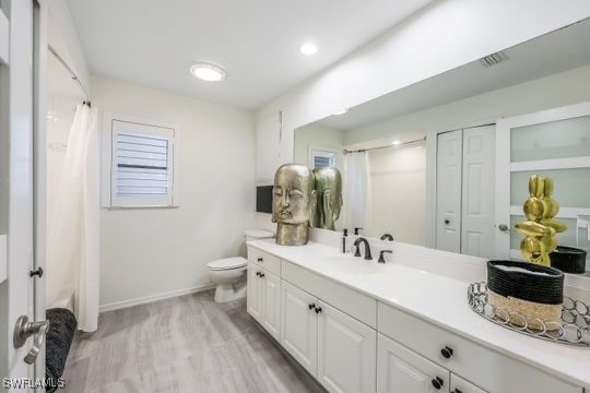 bathroom with wood-type flooring, vanity, and toilet