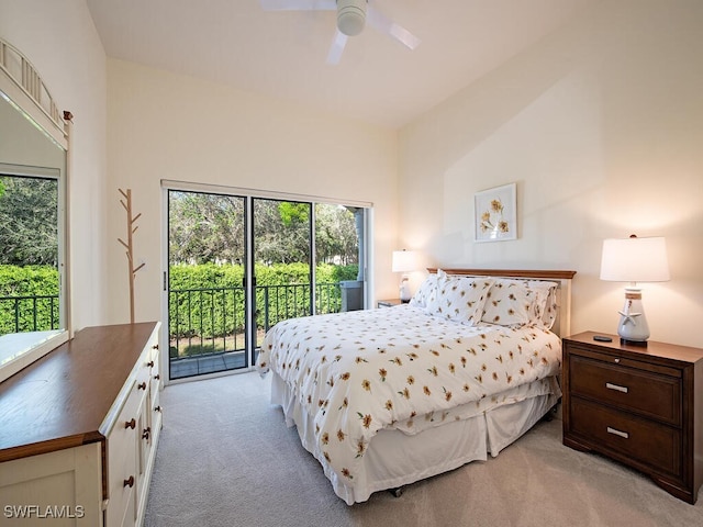 bedroom featuring access to outside, ceiling fan, high vaulted ceiling, and light colored carpet