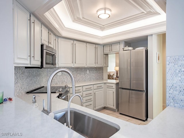 kitchen featuring backsplash, sink, a raised ceiling, and stainless steel appliances