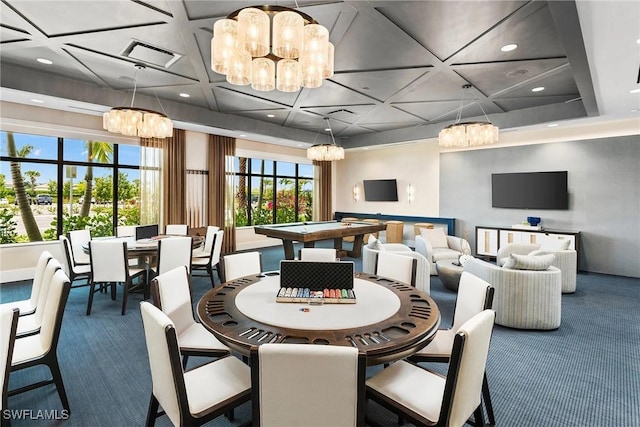 carpeted dining space featuring coffered ceiling, visible vents, and recessed lighting