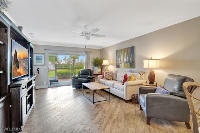 living room with ceiling fan, ornamental molding, and light hardwood / wood-style flooring