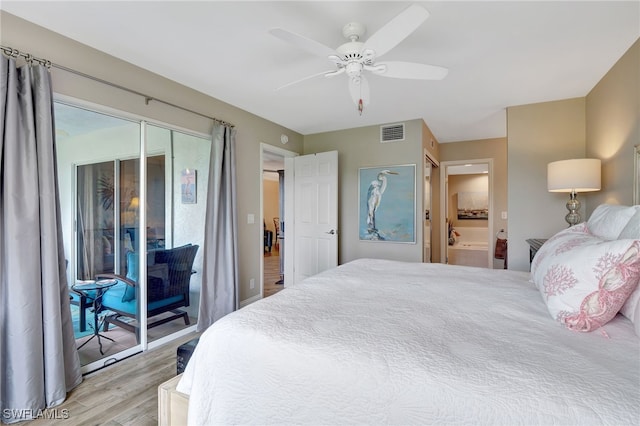 bedroom featuring access to exterior, light wood-type flooring, ceiling fan, and connected bathroom