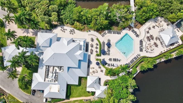 drone / aerial view with a water view