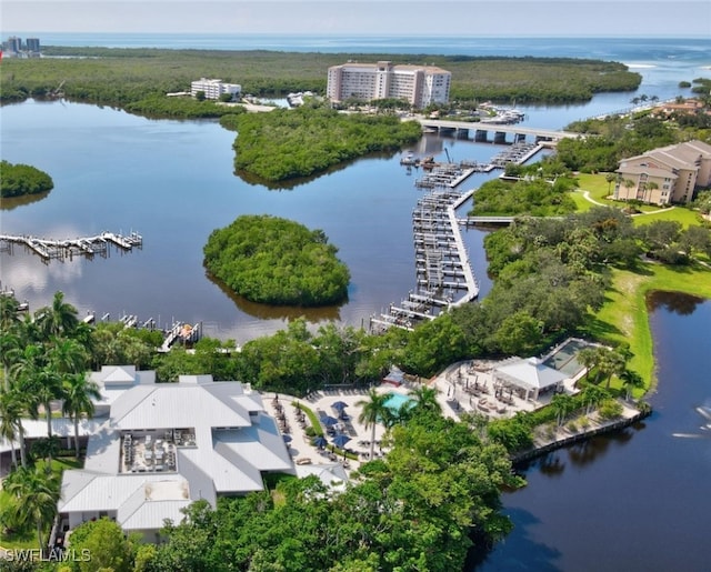 drone / aerial view with a water view