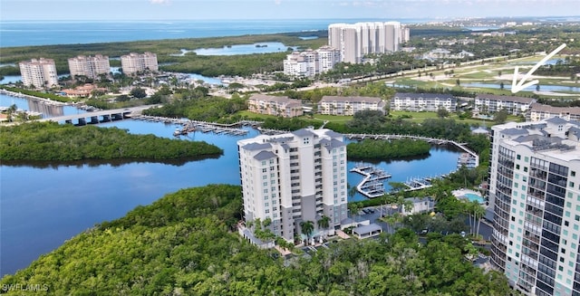 drone / aerial view featuring a water view