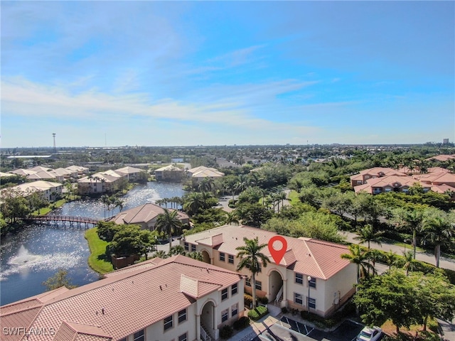 drone / aerial view with a water view