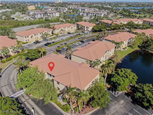 drone / aerial view featuring a water view