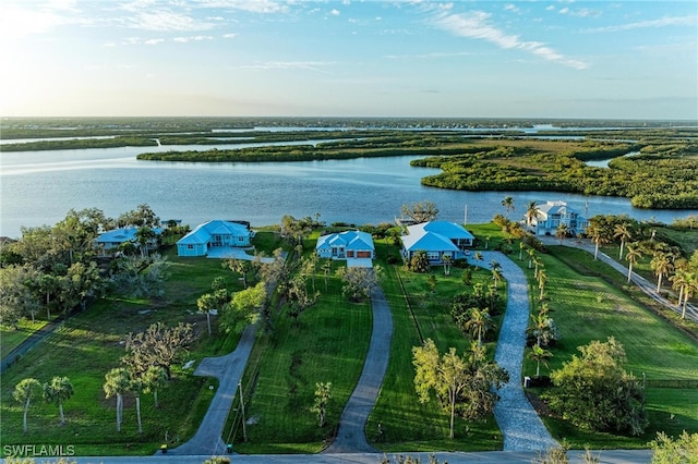 bird's eye view with a water view