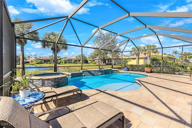 view of swimming pool featuring a lanai, an in ground hot tub, a water view, and a patio