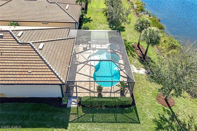 aerial view featuring a water view