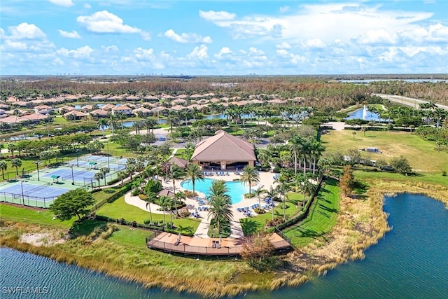 birds eye view of property featuring a water view