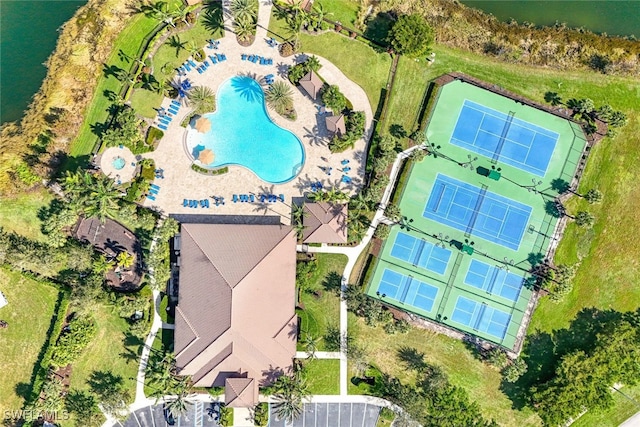 birds eye view of property featuring a water view