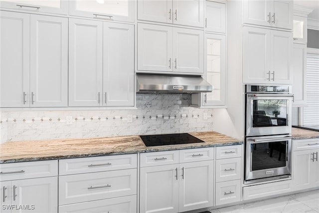 2038 Bahama Ave, Fort Myers, FL 33905 - kitchen with stainless steel double oven, black electric cooktop, under cabinet range hood, and light stone counters