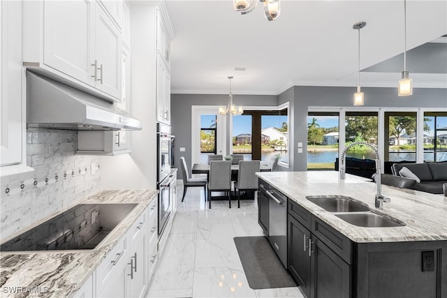 2038 Bahama Ave, Fort Myers, FL 33905 - kitchen featuring under cabinet range hood, a sink, appliances with stainless steel finishes, white cabinetry, and crown molding