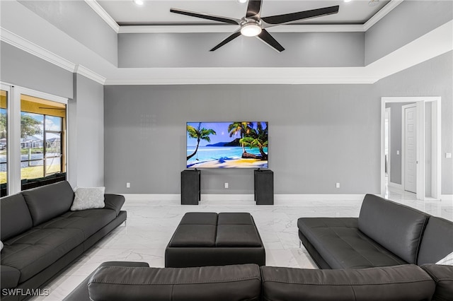 living room featuring ceiling fan and crown molding