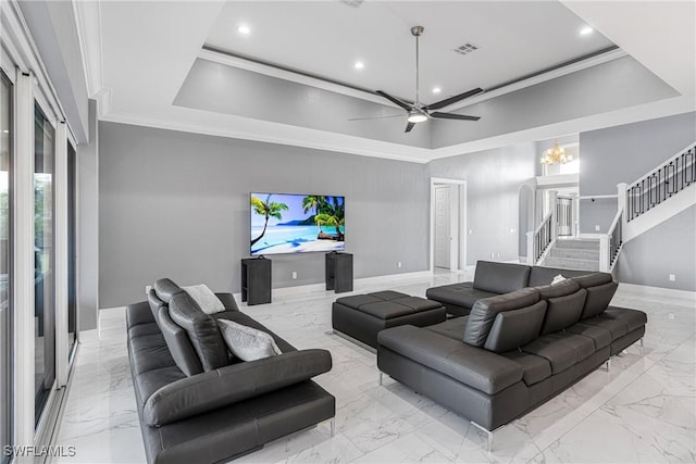 2038 Bahama Ave, Fort Myers, FL 33905 - living room featuring marble tiled flooring, a ceiling fan, recessed lighting, stairs, and baseboards