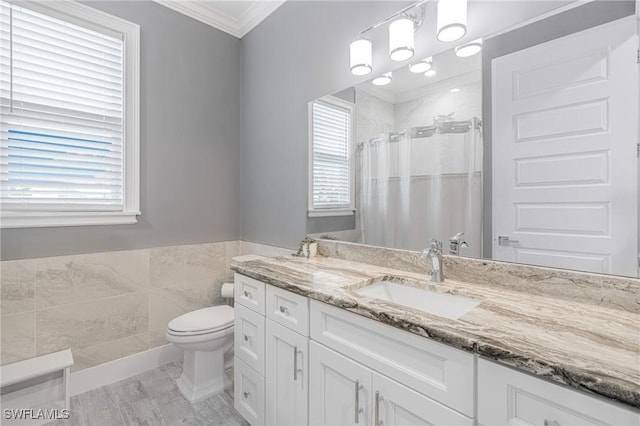 2038 Bahama Ave, Fort Myers, FL 33905 - bathroom featuring ornamental molding, plenty of natural light, toilet, vanity, and a shower with curtain