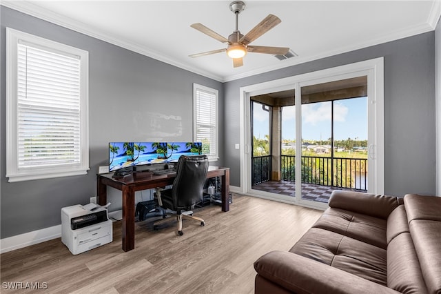 office with light hardwood / wood-style flooring, ceiling fan, and a healthy amount of sunlight