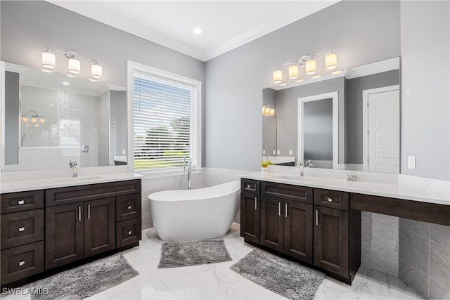 bathroom with vanity, ornamental molding, and plus walk in shower