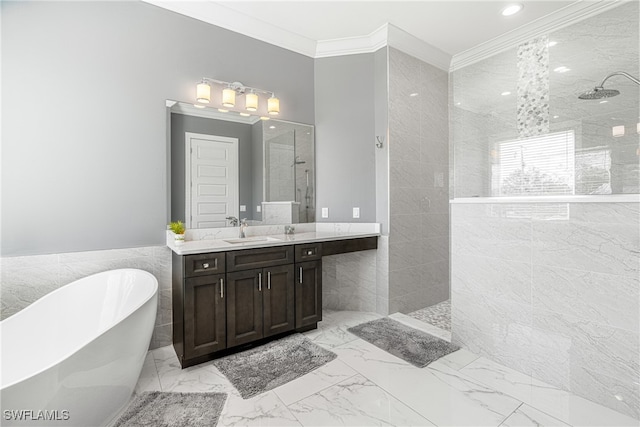 bathroom featuring ornamental molding, vanity, tile walls, and independent shower and bath