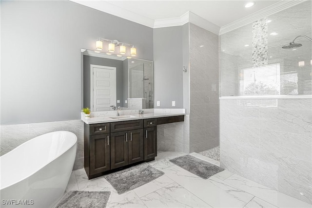 2038 Bahama Ave, Fort Myers, FL 33905 - bathroom featuring tile walls, a freestanding tub, walk in shower, vanity, and ornamental molding