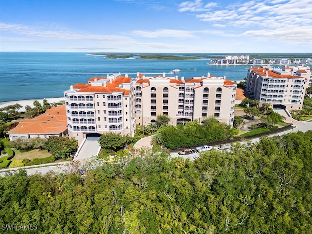 bird's eye view with a water view