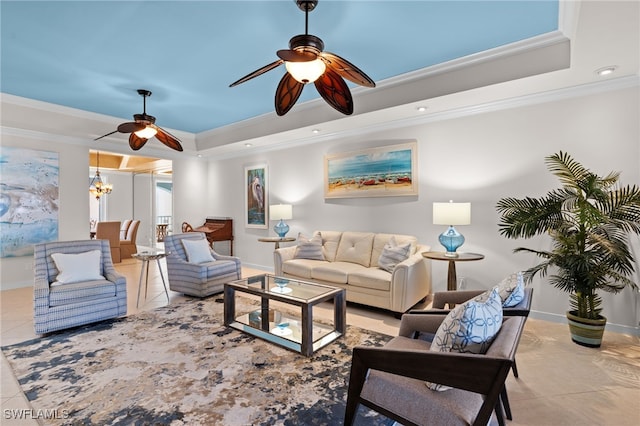 2000 Royal Marco Way Unit 2-407, Marco Island, FL 34145 - living room featuring ceiling fan, ornamental molding, a tray ceiling, a chandelier, and tile patterned flooring
