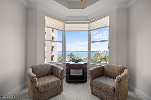 living area with carpet flooring, a water view, and a wealth of natural light