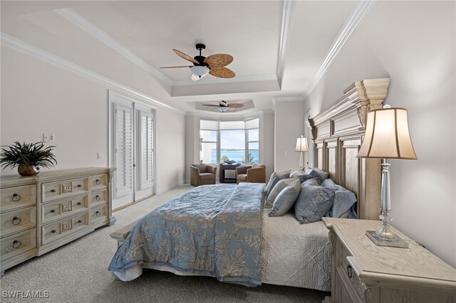 2000 Royal Marco Way Unit 2-407, Marco Island, FL 34145 - bedroom featuring a raised ceiling, access to outside, crown molding, carpet floors, and ceiling fan