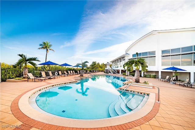 view of swimming pool with a patio