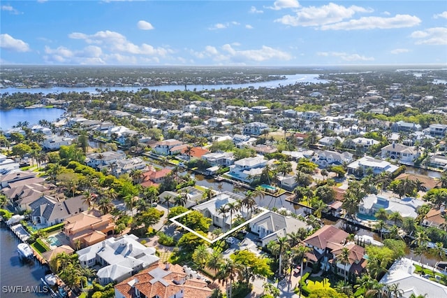 drone / aerial view featuring a water view