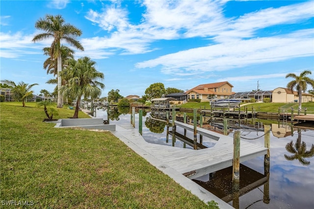 view of dock featuring a water view and a lawn