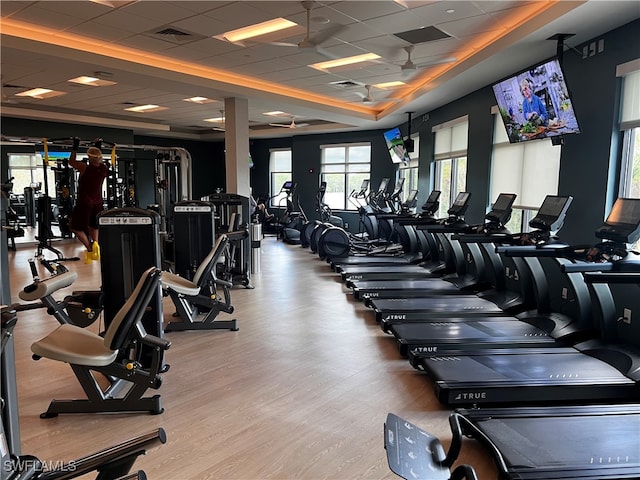 exercise room with wood-type flooring and a drop ceiling