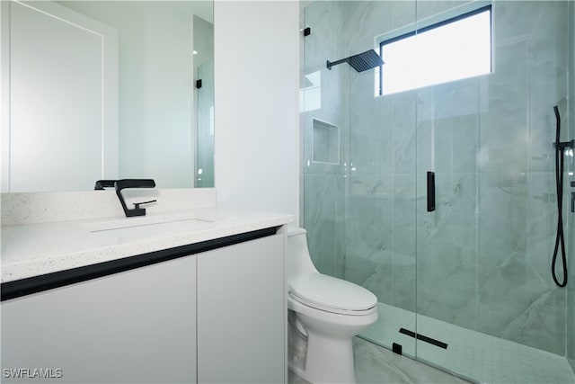 bathroom with vanity, toilet, and a shower with shower door