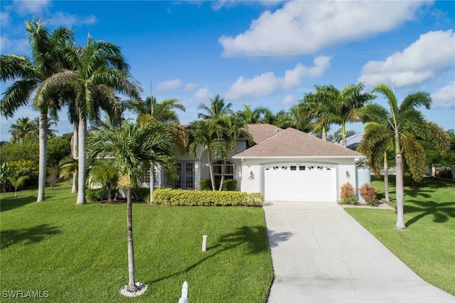 view of front of house featuring a garage and a front lawn