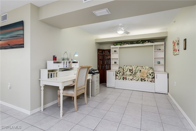 tiled dining room with ceiling fan